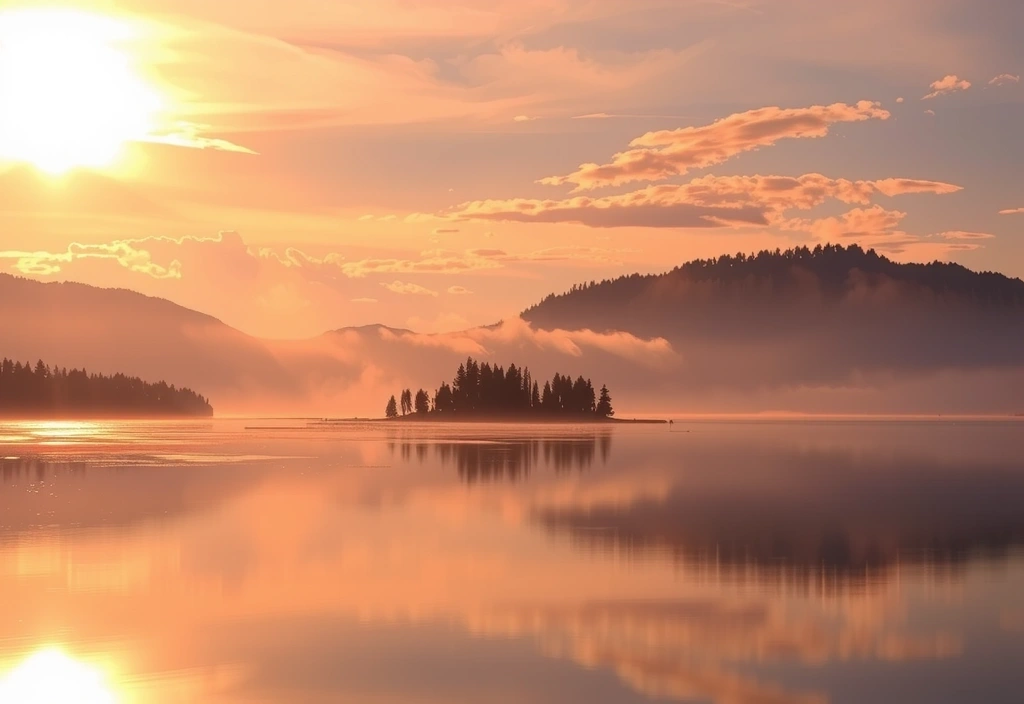 Sunrise over a peaceful mountain lake