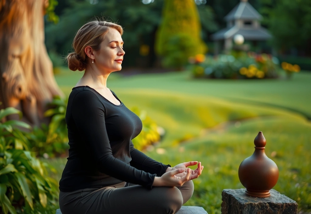 Woman meditating in a serene garden