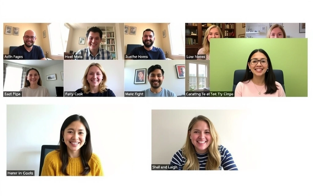A group of people happily engaged in a virtual video call, with each participant showing a smiling face in a small window, symbolizing online connection and friendship.